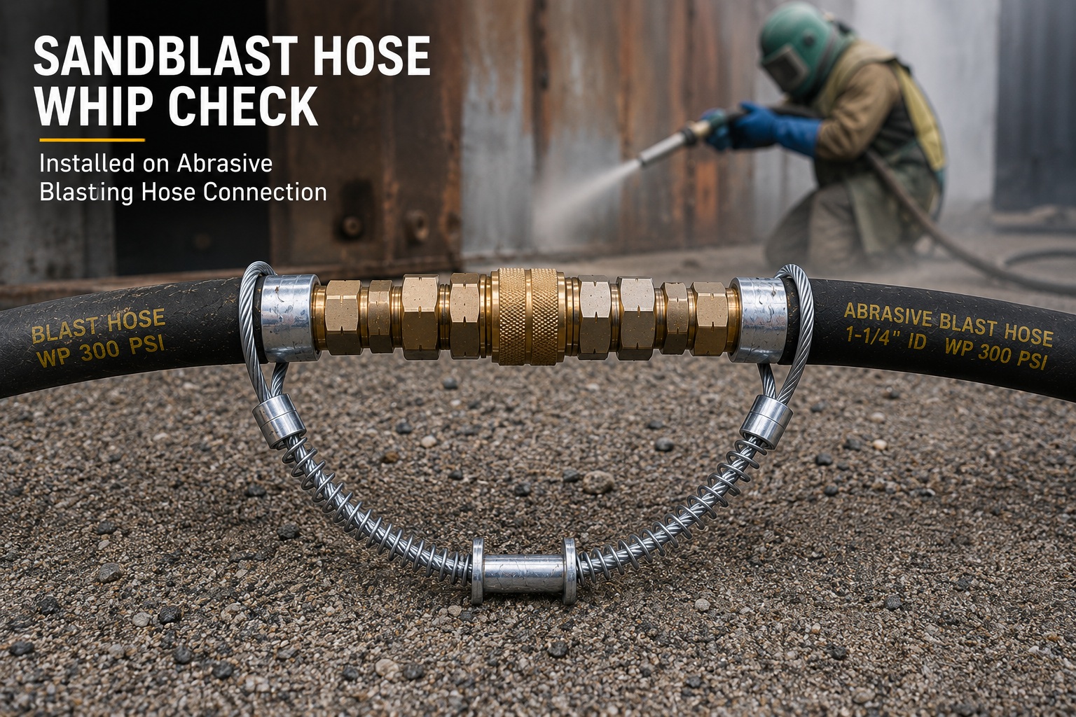 Sandblast hose whip check installed on abrasive blasting hose connection Sandblast hose whip check installed on abrasive blasting hose connection